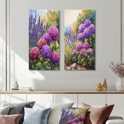 Hortensias et jardin de lavande I - impressions sur toile florales 2 panneaux