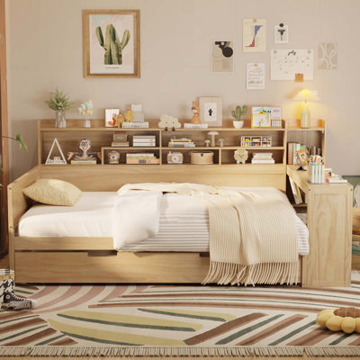Lit de jour avec tablettes de rangement, lit multifonctionnel avec lit gigogne simple et bureau d'étude