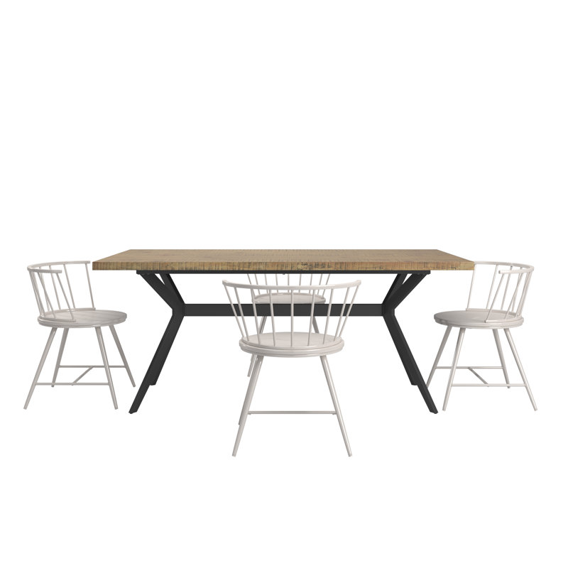 Breaux 70" Iron Gray Metal Base Dining Table And Low Back Windsor Chairs Set - Table And 4 Chairs, Silver Birch, Light Pine