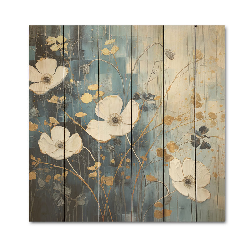 Minimalisme blanc et bleu - Bouton d'or sur bois de pin naturel, H 15 po x l 15 po