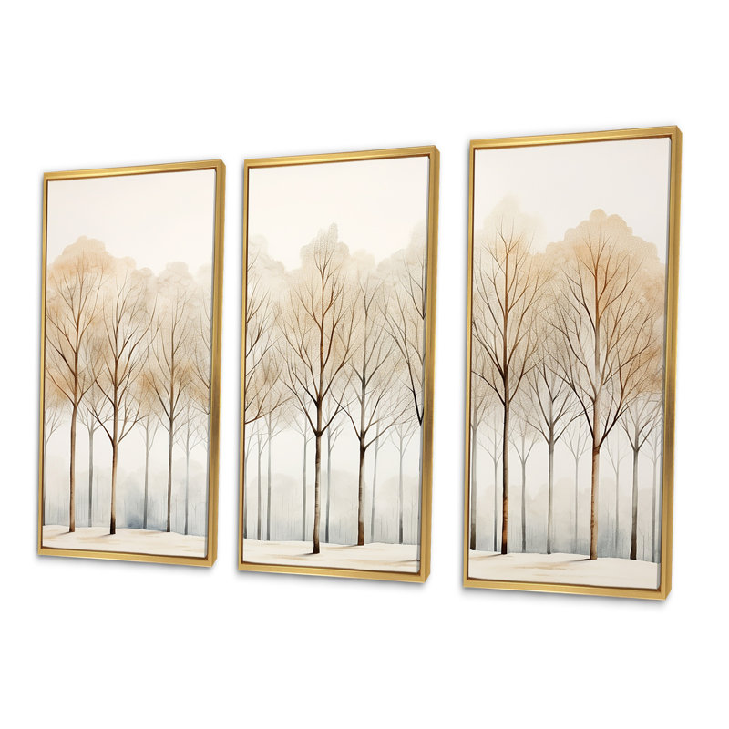 Forêt, arbres, minimalisme, ensemble d'art mural, Cadre flottant doré, H 28 po x l 36 po x P 1 po