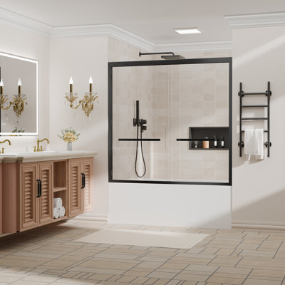 56 à 60 po X P 58 po Porte de baignoire coulissante en H noir mat avec verre trempé transparent