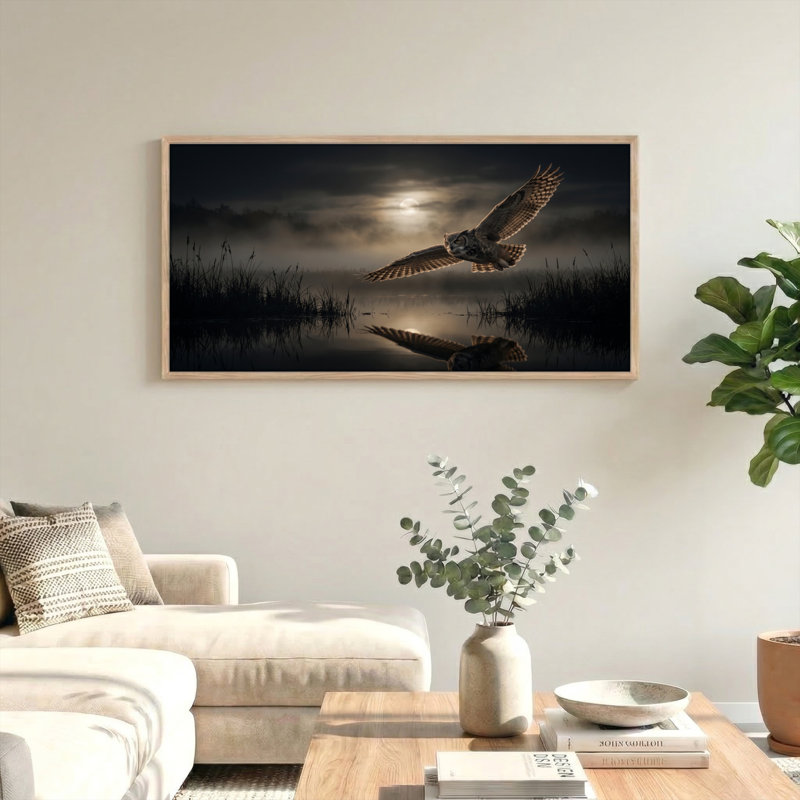 Ensemble de 1 tableau sur toile représentant un hibou en vol, L 46 po x H 24 po, Naturel