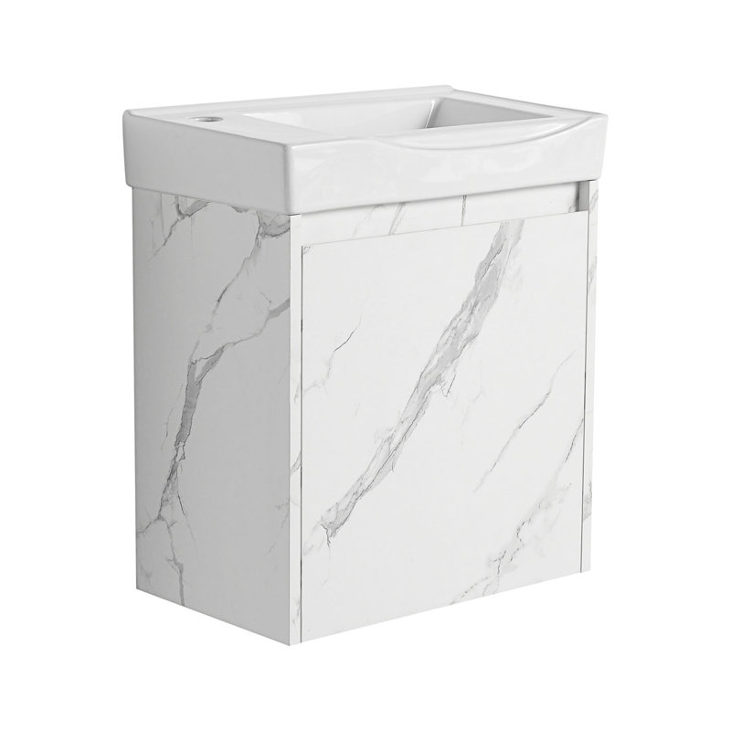 Meuble-lavabo mural avec lavabo en céramique, armoire de rangement, Blanc de Carrare