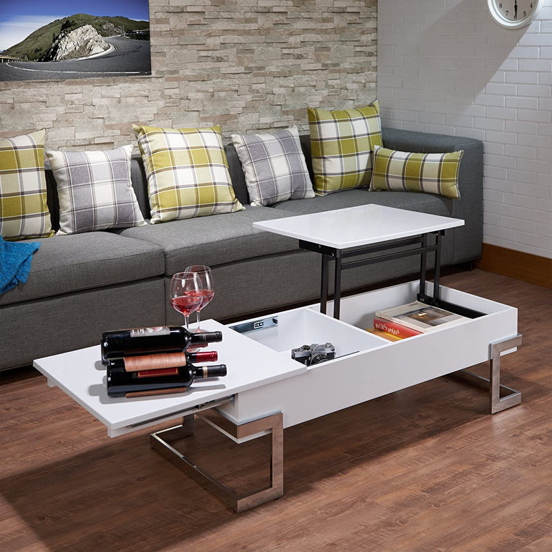 Table basse à plateau relevable en bois et métal 47 po Gracie Mills, Blanc/Noir
