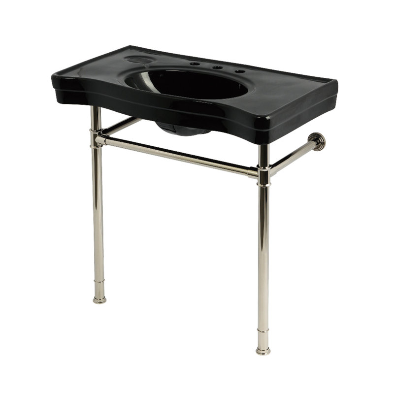 Kingston Brass Imperial 36-Inch Ceramic Console Sink with Stainless Steel Legs (8-Inch, 3-Hole), Brushed Brass, Black
