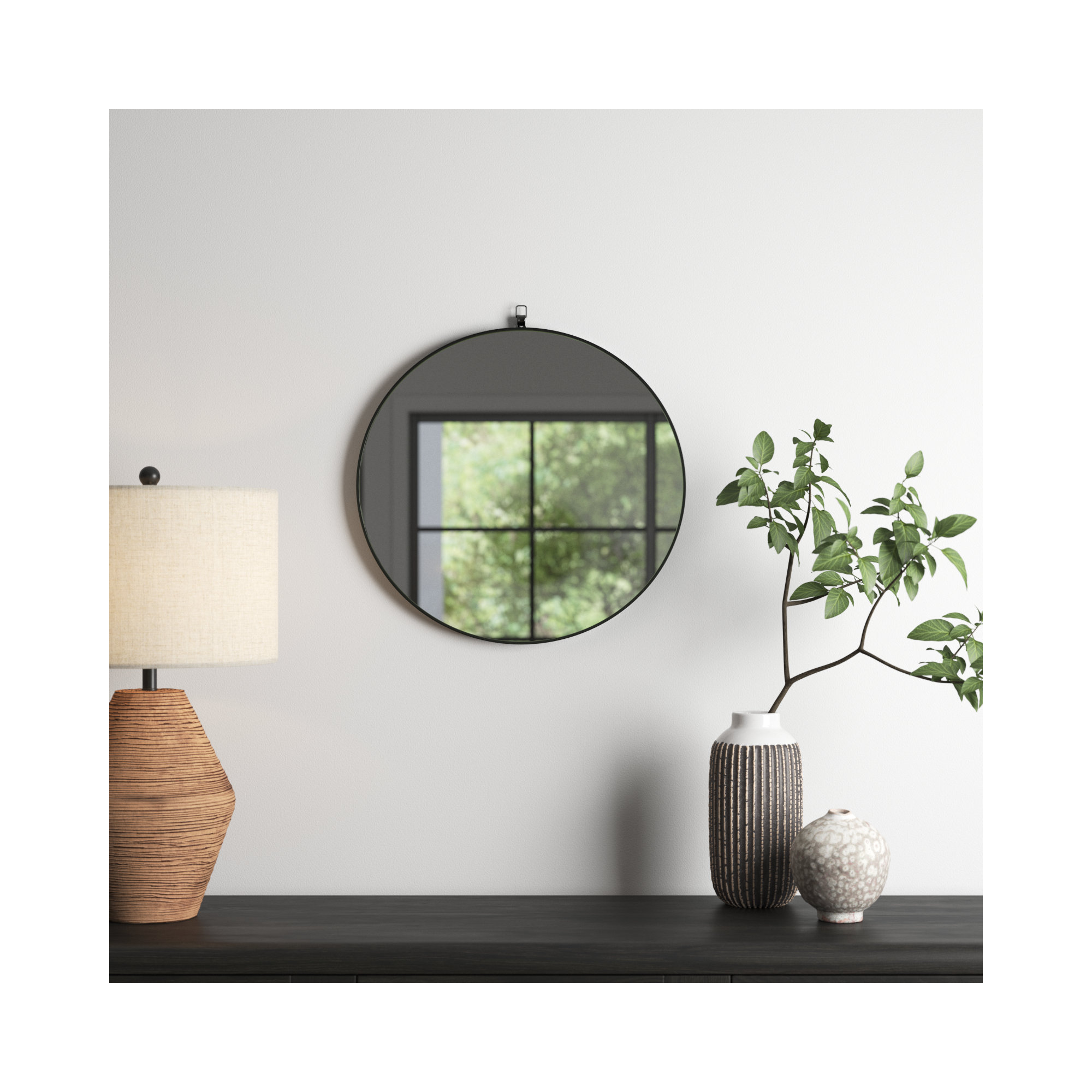 Cassie Metal/Manufactured Wood Round Wall Mirror, Black, 21" x 21"
