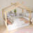 Wooden House Bed Original Wood Colored Frame With Twin Size Trundle And Bookshelf Storage Space For Children Or Guest Room