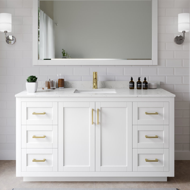 Miranda 60" Freestanding Single Bathroom Vanity with Cultured Marble Top with 58" Mirror, Brushed Gold, White