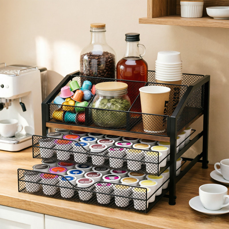 Organisateur de bar à café avec tiroir et panier grillagé, station de café en métal et en bois pour le comptoir, organisation de comptoir multifonctionnelle pour le thé, café, entrée de bureau et cuisine