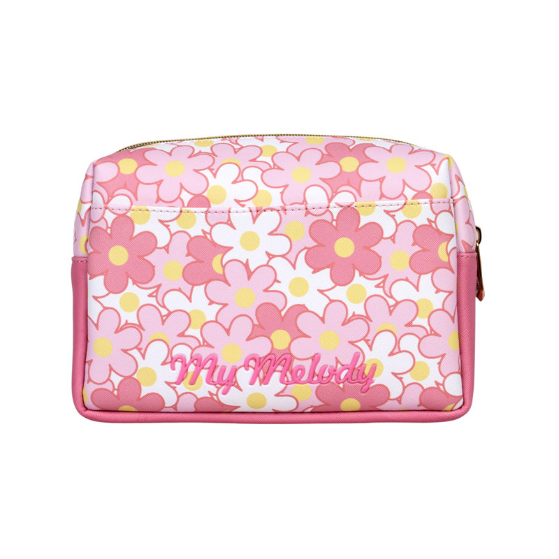 Trousse à maquillage My Melody en simili cuir saffiano, doublure en polyester rose, poche à fermeture à glissière