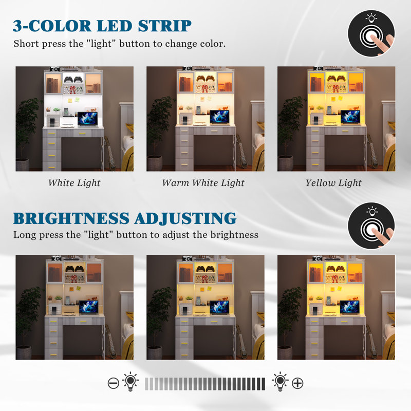 Computer Desk with Hutch and LED Lighting, White