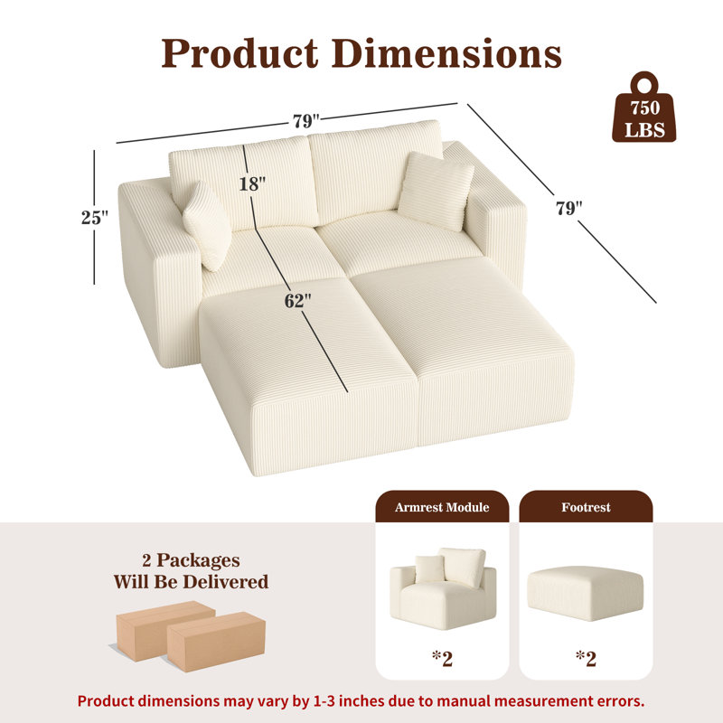 Canapé modulaire à compression 79 po, Velours côtelé beige