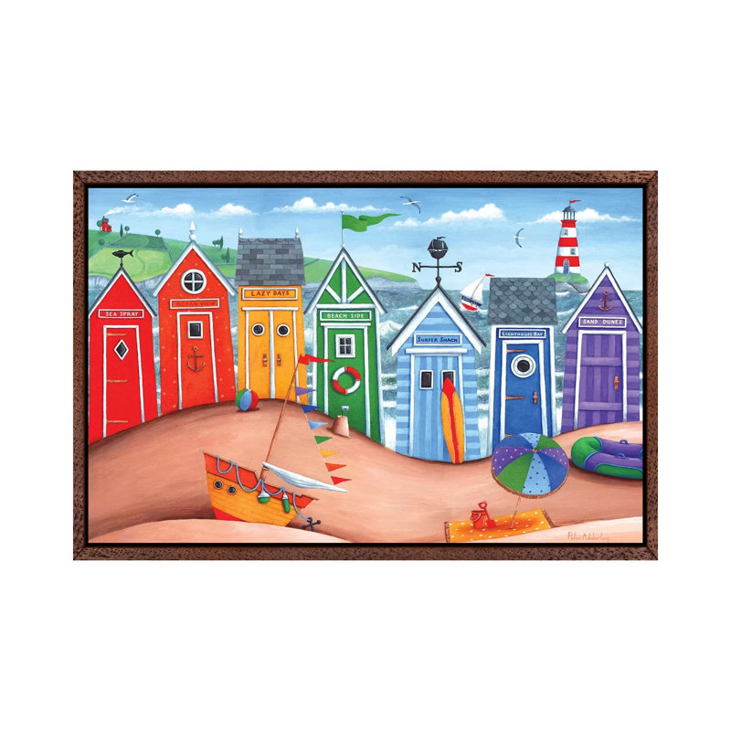 Beach Hut Rainbow Scene by Peter Adderley - Painting on Canvas, Classic Brown Wood Framed, 45.72cm H x 66.04cm W x 3.81cm D