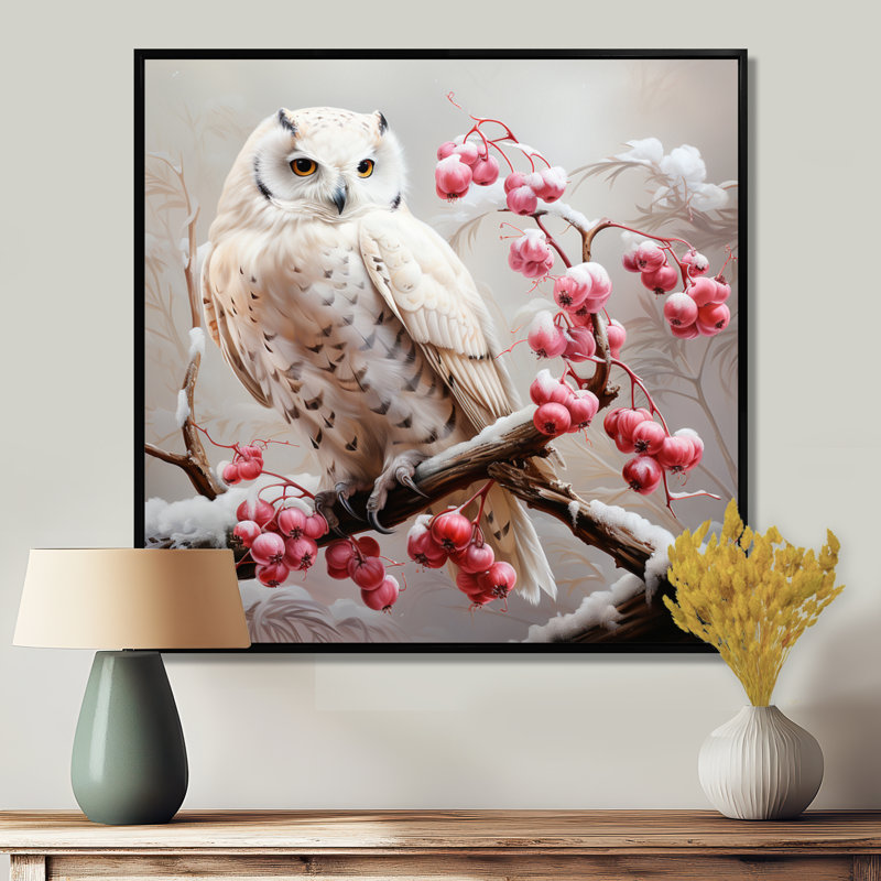 Snowy Owl Winter Blooms Perch II - hibou, art mural animal, H 16 po x l 16 po x P 1 po, Cadre flottant noir