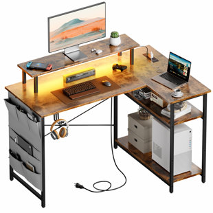 HLDIRECT 43 Inch L Shaped Computer Desk with Power Outlet, Gaming Corner Desk with LED Lights, Home Office Table with Storage Shelves & Monitor Stand for Bedroom