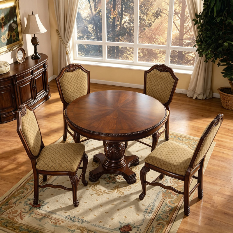 Table de salle à manger ronde traditionnelle Château de Ville de 122 cm (48 po) – Piètement sculpté à une seule colonne et quatre pieds, finition MDF brun foncé, style classique européen.