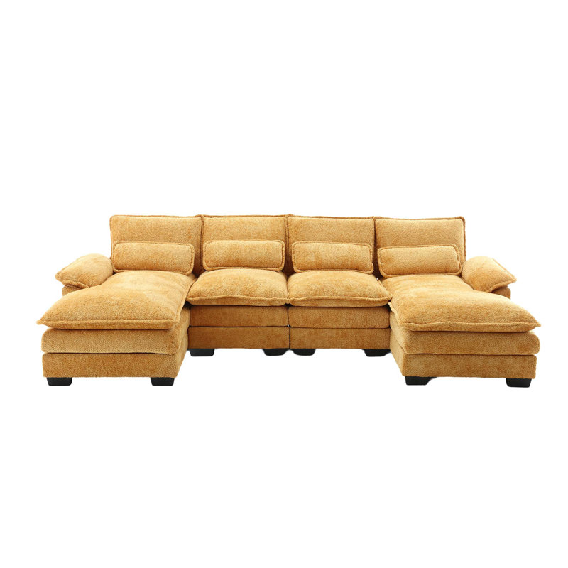 Grand canapé modulaire moderne en U en chenille, Boucle - jaune moutarde