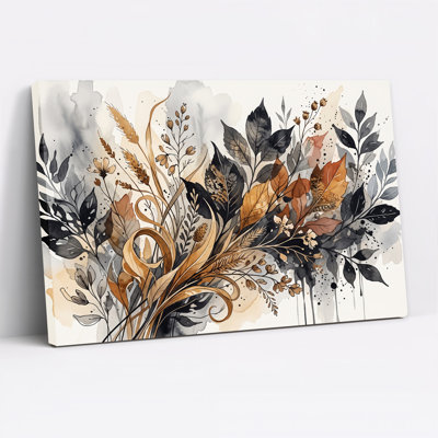 Tableau sur toile aquarelle représentant des feuilles et du blé en noir et or