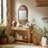 Mirror Mango Wood and Glass Arched Boho Design 34"x18"x1" Brown with Carved Woodgrain Texture for Home Office Bedroom Living Room Wall Decor Vertical Hanging Oval Frame Rustic Finish.
