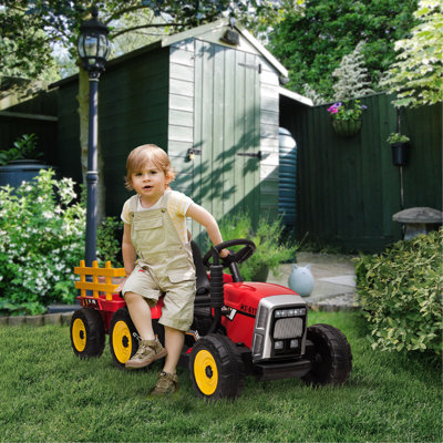12V Ride On Tractor With Trailer, 25W Dual Motors, Battery Powered Electric Tractor With Remote Control, Music Startup Sound And Horn, LED Lights, Red