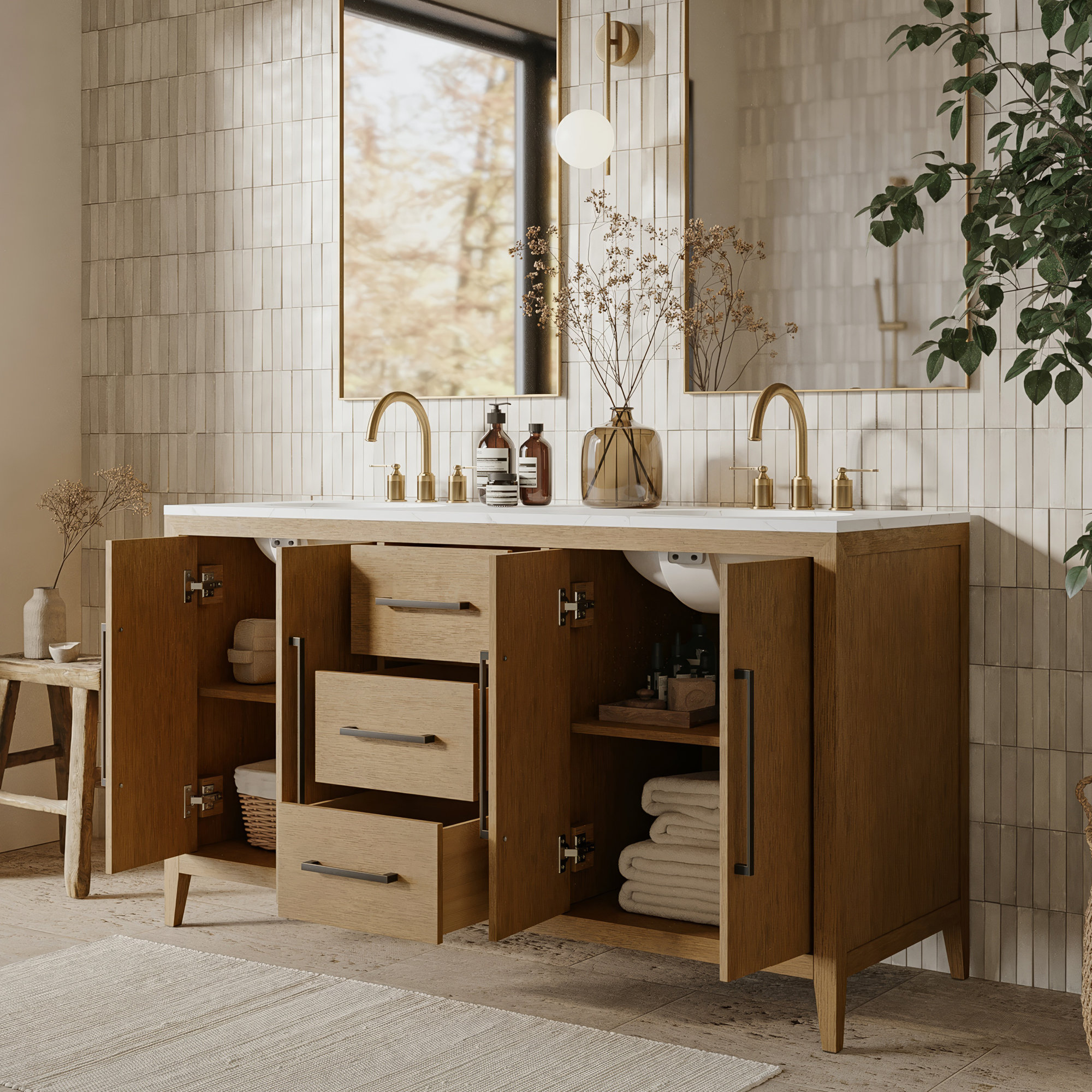 Alsup 60'' Double Bathroom Vanity with Quartz Top, Brown Oak