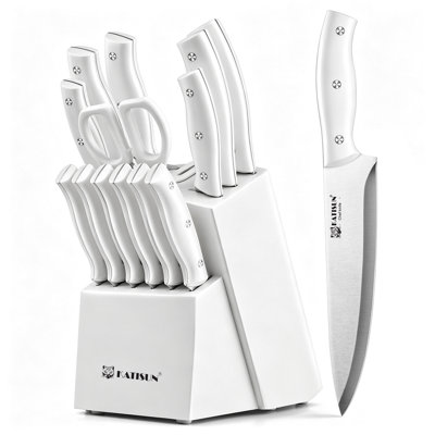 Ensemble de 15 couteaux de cuisine blancs avec pierre à aiguiser intégrée, manches ergonomiques à triple rivet, compatibles avec le lave-vaisselle