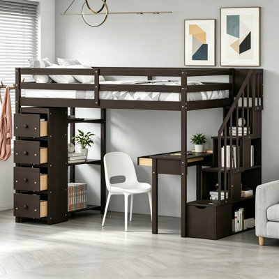 Lit mezzanine avec tente et tour Slide Marcell, bois de pin rustique et panneau de fibres à densité moyenne