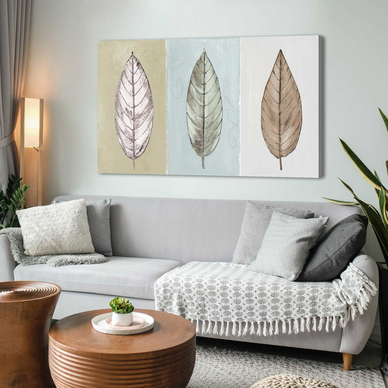 «Neutral New Leaf Trio» par Patricia Pinto - impression, Toile tendue, H 36 po x l 60 po x P 1,5 po