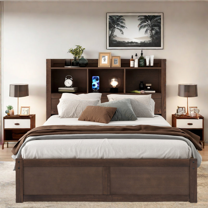 Lit Eya avec tête de rangement, tablettes coulissantes, lit gigogne simple, 2 tiroirs et USB, Espresso