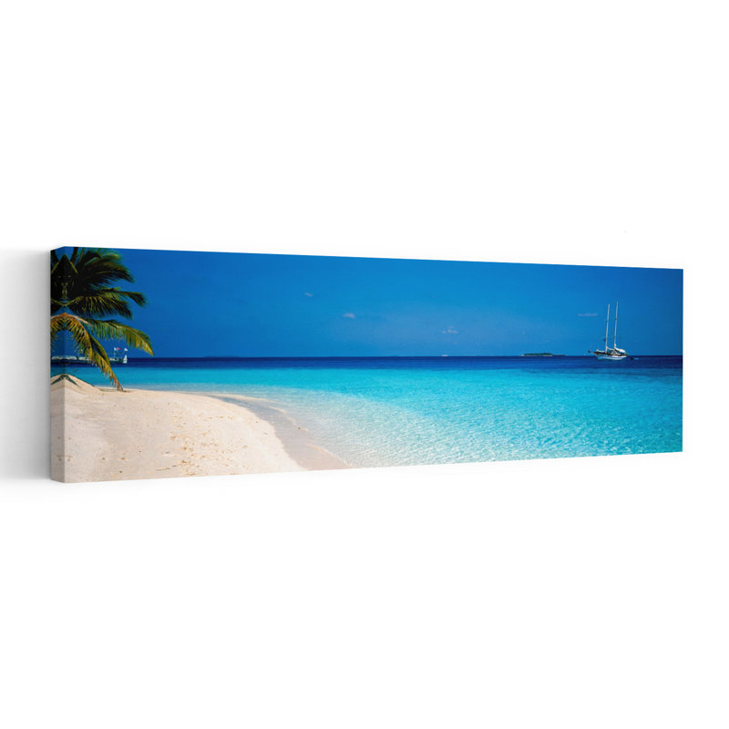 «Beach & Boat Scene», Maldives, palmier abstrait, art mural côtier, H 16 po x l 48 po