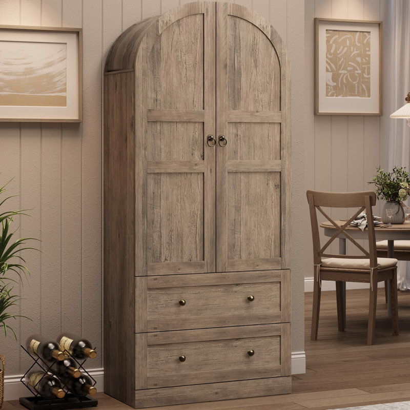 Armoire de rangement de 72 po de hauteur avec garde-manger arqué, armoires de rangement de style campagne moderne avec 2 portes et tiroirs, grand garde-manger arqué en bois avec tablettes épaissies pour la salle à manger