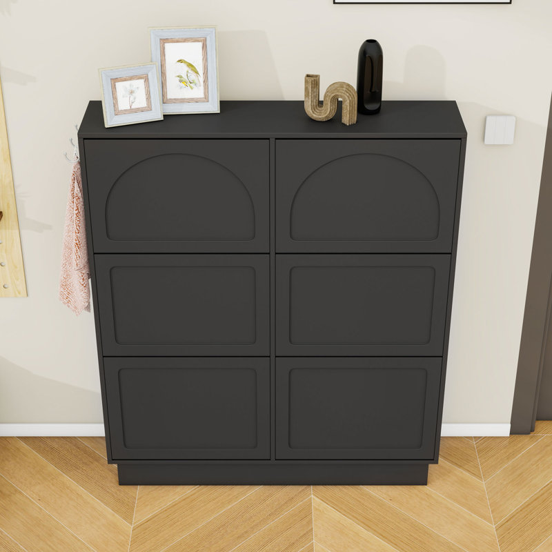Modern Narrow Tipping Bucket Shoe Cabinet, 6 Flip Drawers, Adjustable Storage and Hooks, Black