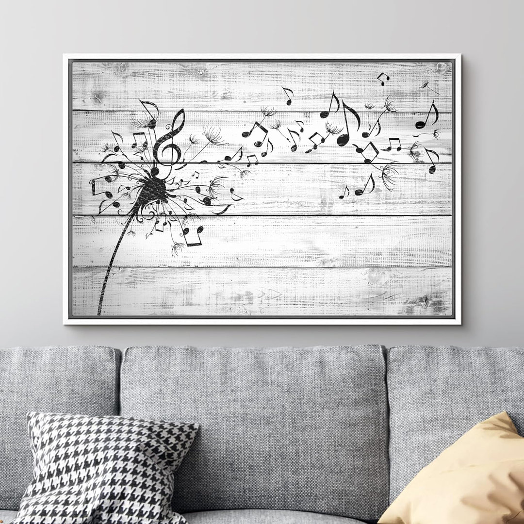 Gray Wood Effect Panel Music Note Dandelion Floral Botanical Modern Large Canvas Print Wall Art IDEA4WALL 