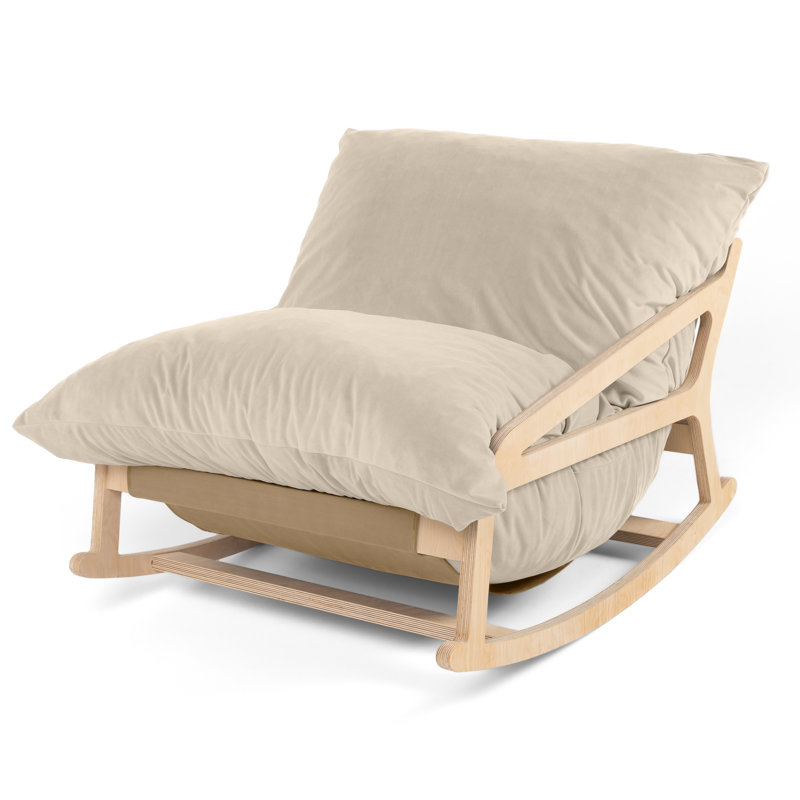 Pillow Saxx Bean Bag Rocking Chair - Elegant Oversized Rocker With Modern Wood Frame, Lush Velvet Ivory, Ivory