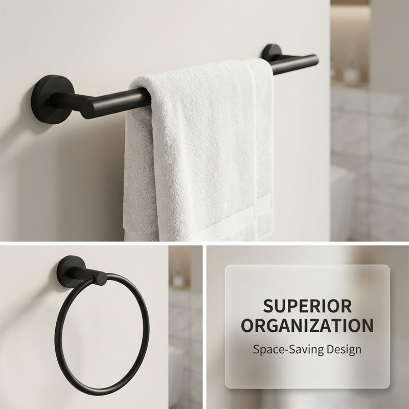 5-Piece Bath Hardware Set Accessories With Towel Bar Towel Hook Toilet Paper Holder And Towel Ring , Matte Black