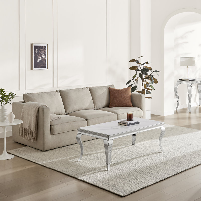 Weissport Rectangular White Marble Glass And Metal Coffee Table - Elegant Bevelled Edge Finish