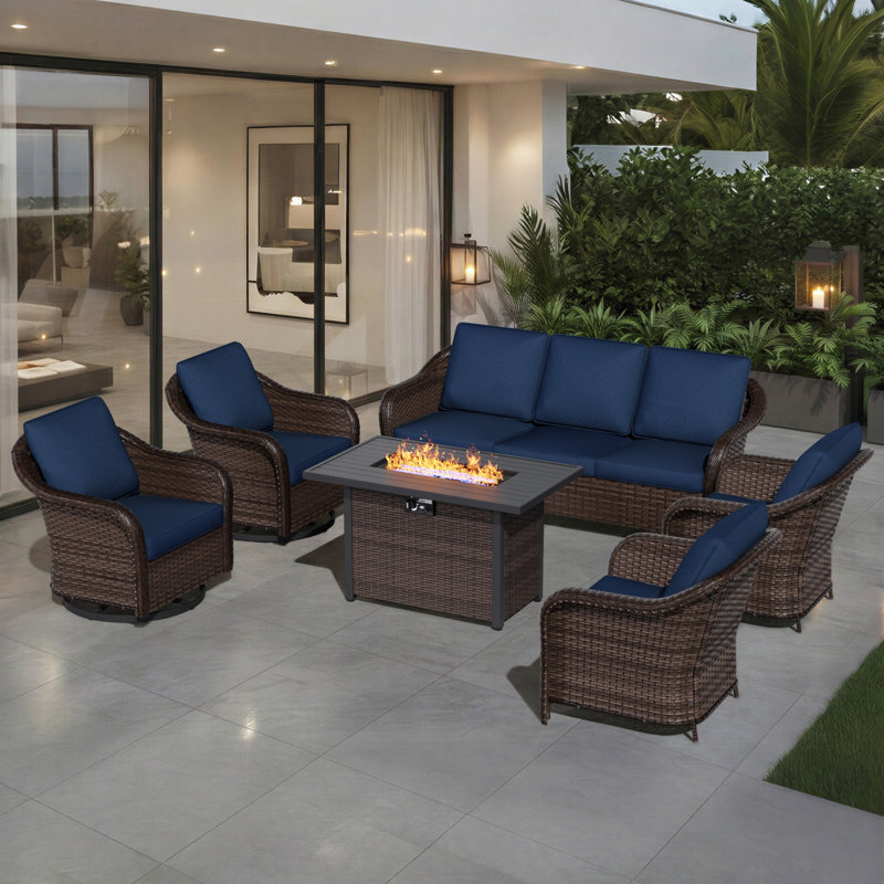 Alderwood 7-Person Outdoor Patio Conversation Rattan Seating Group With 50000BTU Fire Pit Table and Dark Blue Cushions