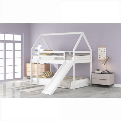 Twin Size Pine Wood House Bunk Bed with Slide &amp; Ladder, White