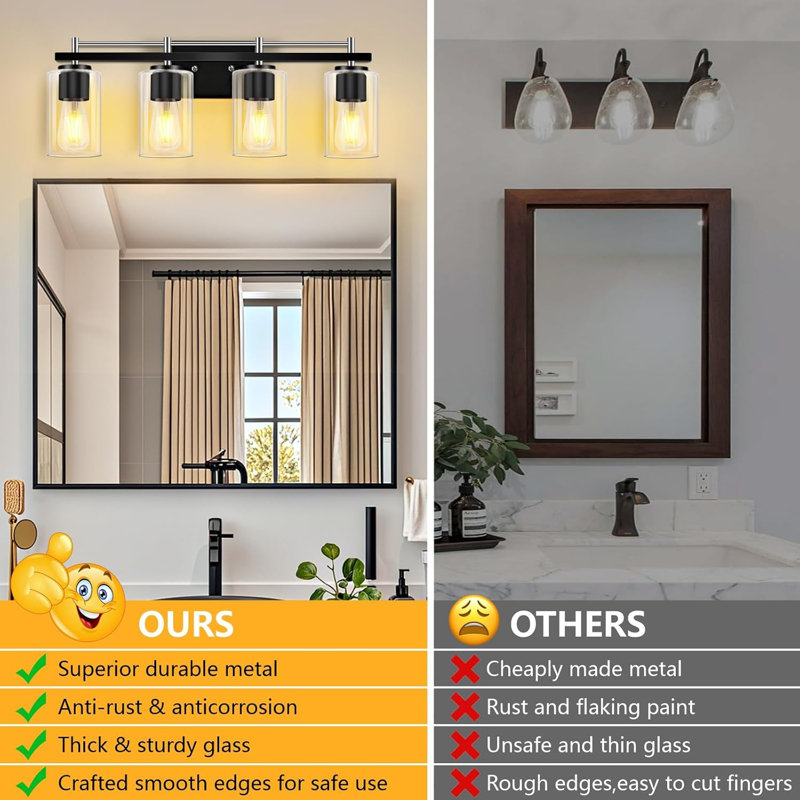 Luminaire de meuble-lavabo moderne avec abat-jour en verre transparent, applique murale 4 lumières pour miroir, chambre à coucher et salon