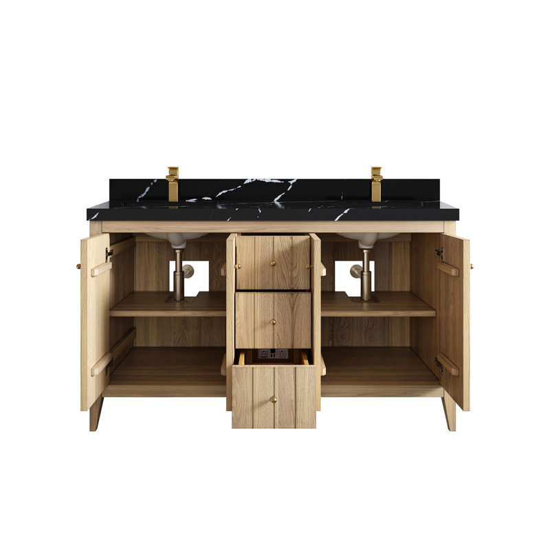 Bois de chêne blanc Atlanta X P 22 po D Meuble-lavabo double avec 2 po Quartz, Noir Calacatta