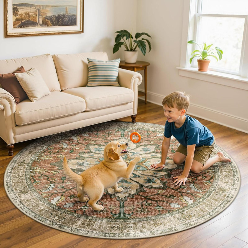 Area Rugs Washable Non-Slip Floral Vintage Distress Print Pattern Medallion Carpet For Living Room Bedroom Dining Room Brick  Rust Neutral Burnt