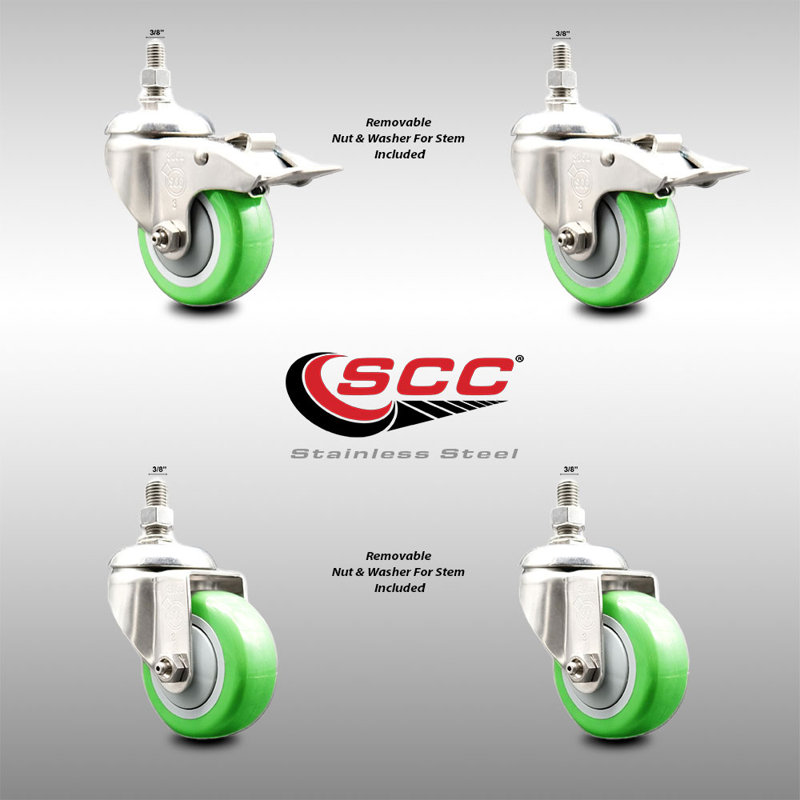 3 Inch 316SS Green Polyurethane 3/8 Inch Threaded Stem Caster Set 2 Lock Brake