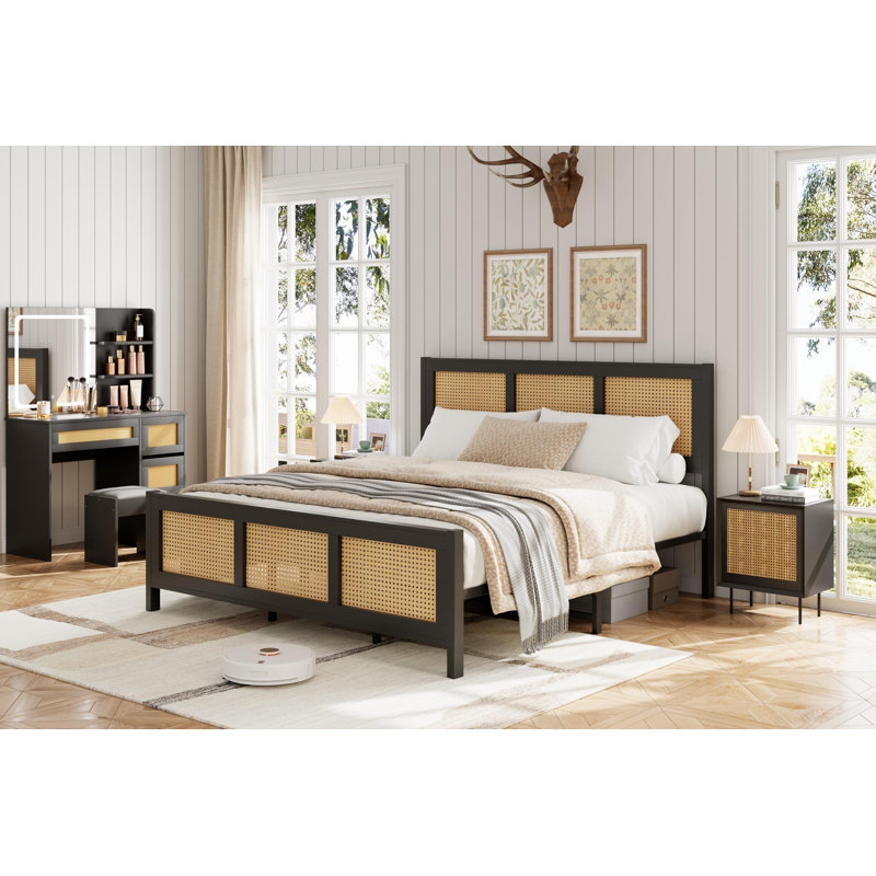 Rattan Bed Frame With Headboard, Black, Queen