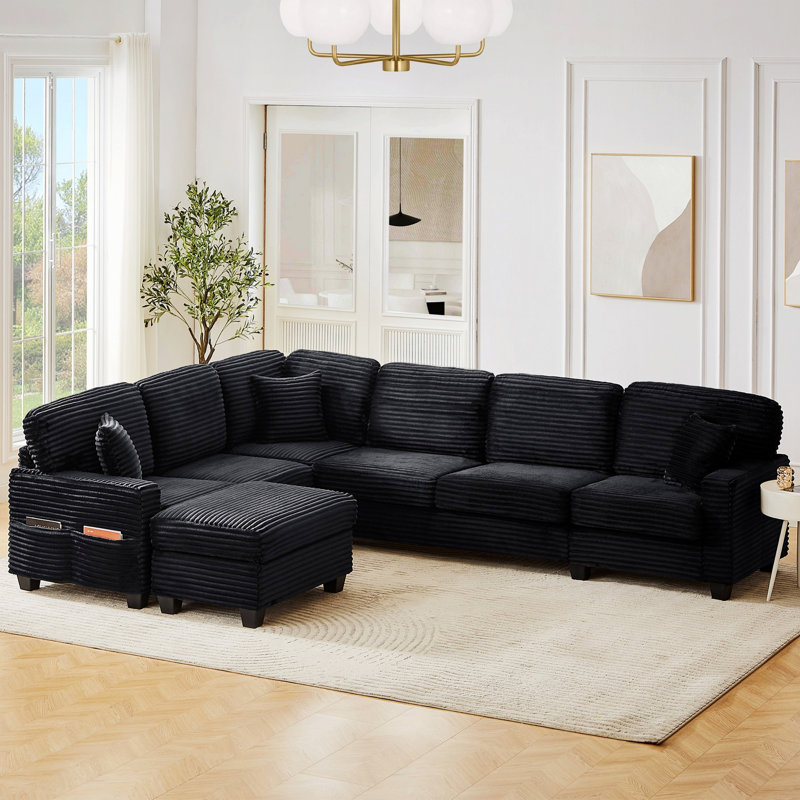 Canapé modulaire, canapé rembourré avec repose-pieds mobile et poches de rangement latérales pour le salon, Noir