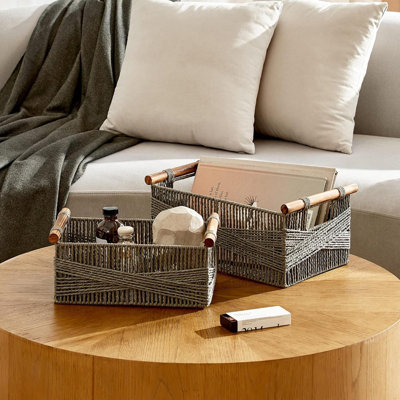 Wicker Storage Baskets For Organizing, Recyclable Paper Rope Basket With Wood Handles, Decorative Hand Woven Basket Organizers For Makeup Books Shelves Living Room, Set Of 2