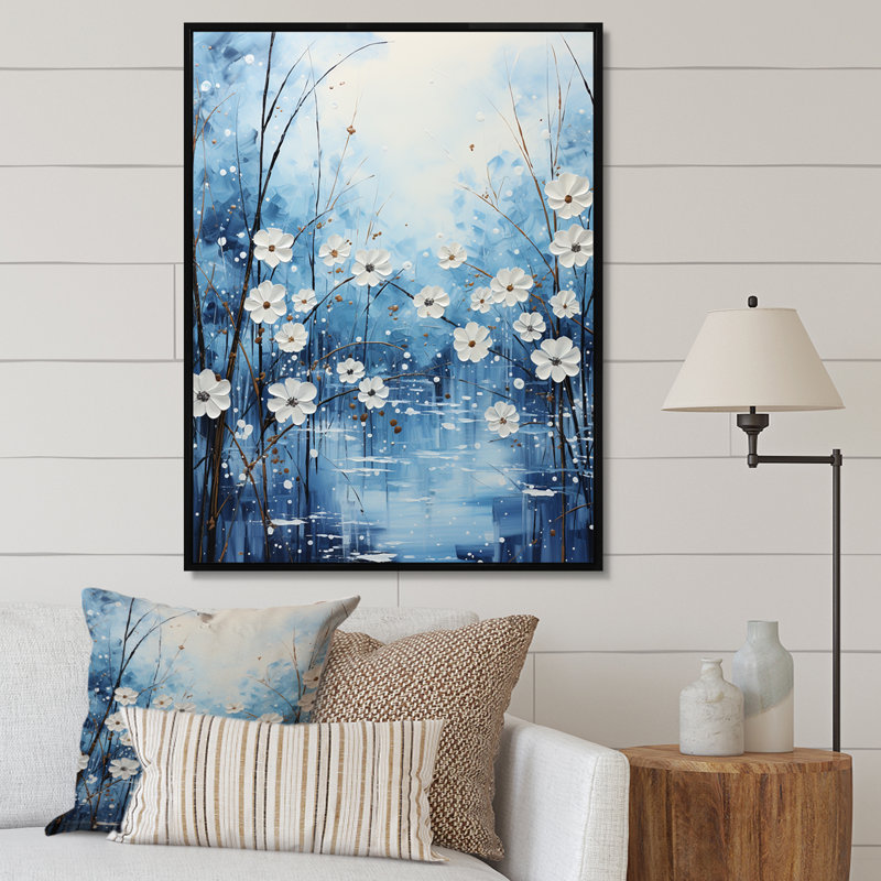 Winters Flowers Embrace Pointillism - impression, H 32 po x l 16 po x P 1 po, Cadre flottant noir