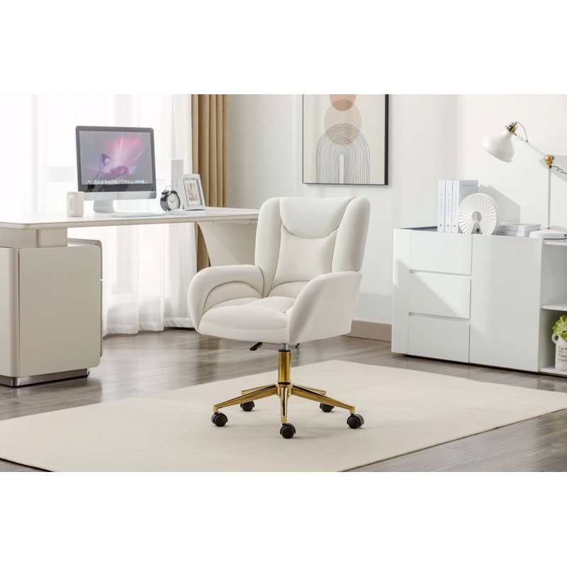 Chaise de bureau pivotante 360 avec base en métal doré et roues universelles, Velours, Ivoire ivoire