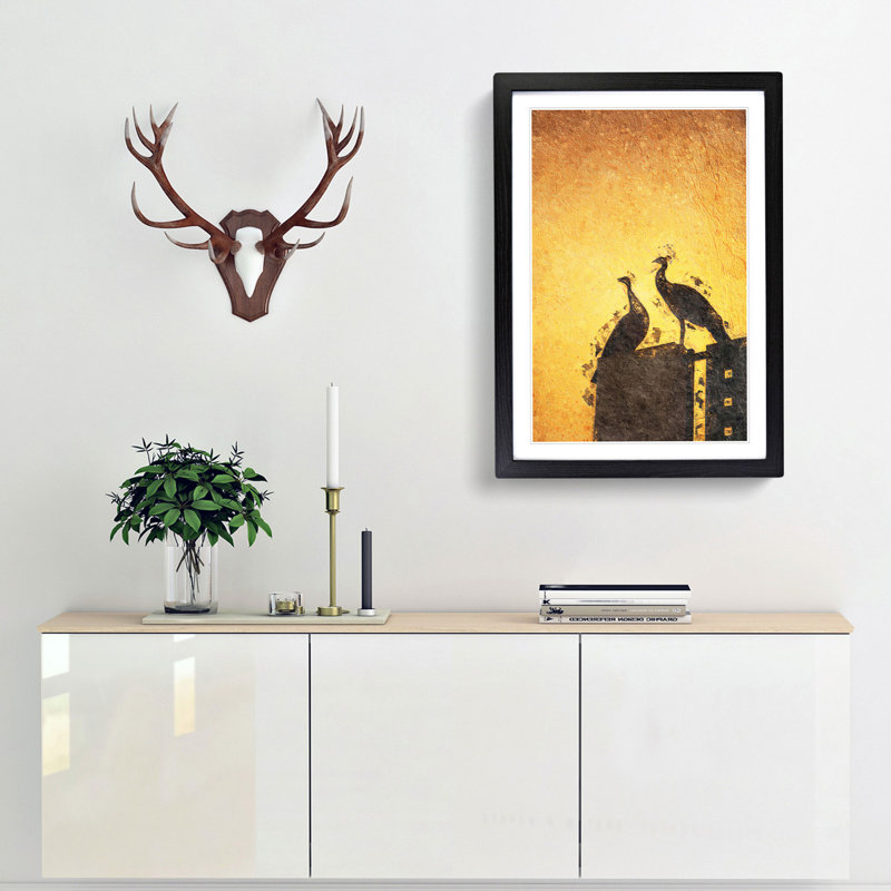 Silhouette of Two Peacocks in Abstract - Picture Frame Painting Print, 36cm H x 27cm W x 2cm D, Black Framed