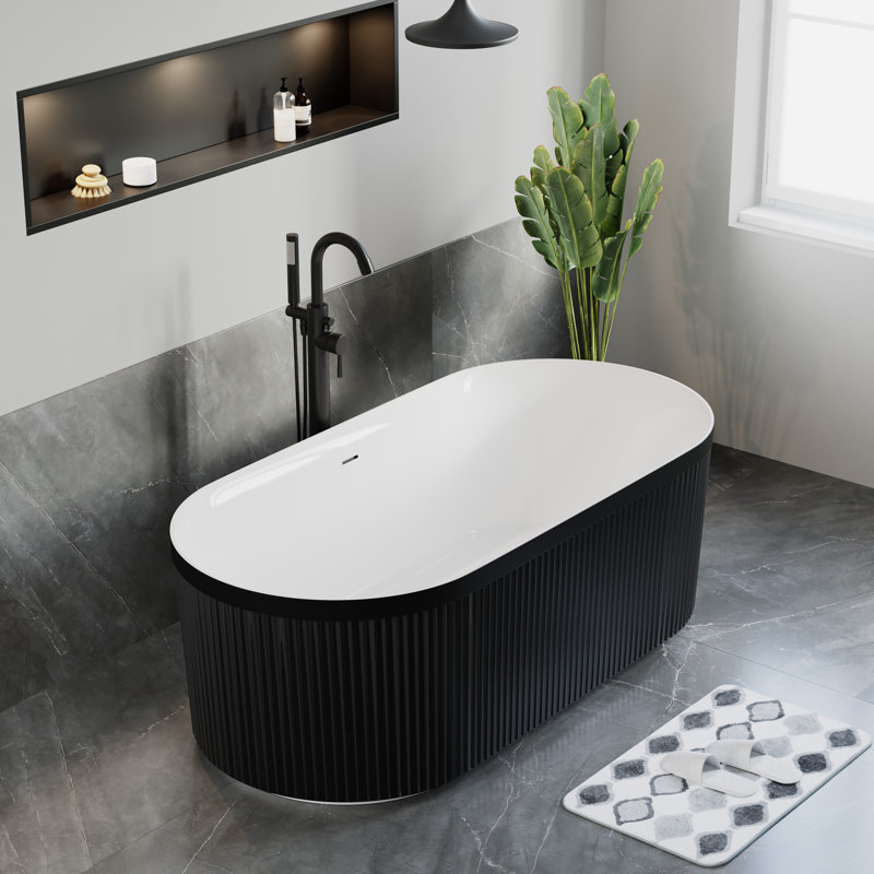 67'' x 31'' Freestanding Soaking Acrylic Bathtub with Overflow, Fluted Design, Matte Black